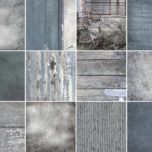 Op de afbeelding: Een collage van 12 verschillende textuur oppervlakken in grijstinten en blauw. De texturen omvatten hout, metaal, stof en beton.