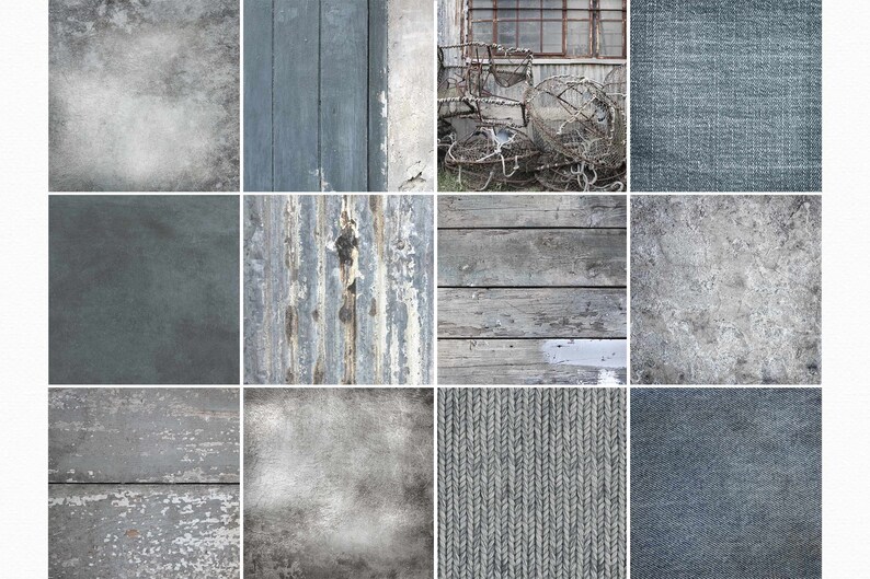 Op de afbeelding: Een collage van 12 verschillende textuur oppervlakken in grijstinten en blauw. De texturen omvatten hout, metaal, stof en beton.
