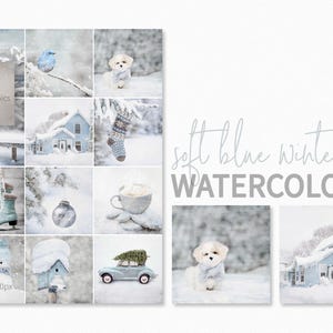 Aquarelles hiver bleu pâle - Scènes de vacances enneigées - Illustrations bleu pâle et blanc - Vues de cabane en hiver - Art hivernal bleu pâle