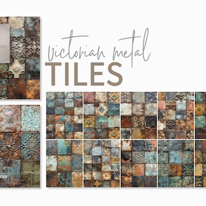 May include: A digital collage of 36 Victorian metal tiles in various shades of blue, green, brown, and gold. The tiles feature intricate patterns and designs, with some showing signs of wear and rust. The tiles are arranged in a grid pattern, creating a visually appealing and textured surface.