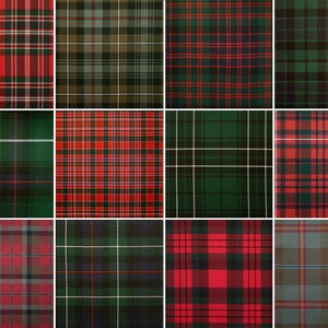 May include: A collage of twelve different plaid patterns in various shades of red, green, blue, and white.