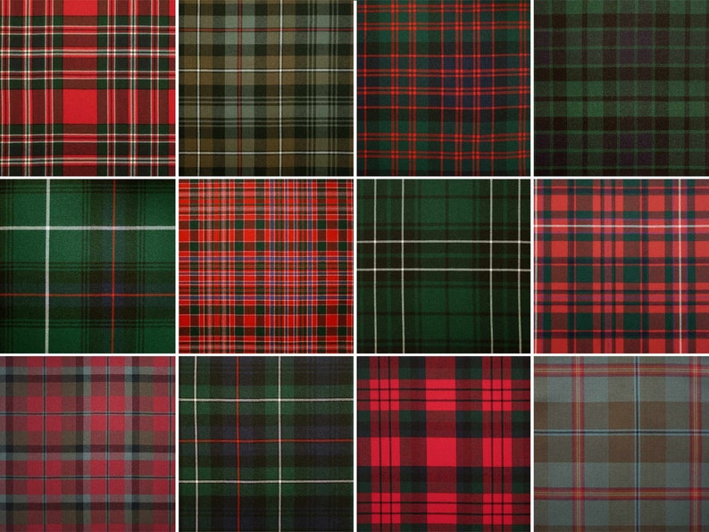 May include: A collage of twelve different plaid patterns in various shades of red, green, blue, and white.