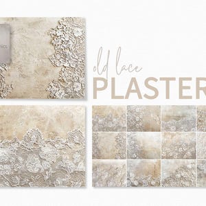 May include: A set of 12 digital backgrounds featuring a textured plaster effect with a delicate lace overlay. The backgrounds are in shades of beige and white, with a subtle vintage feel.
