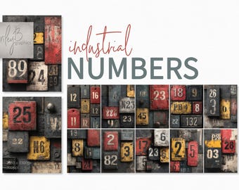 Industrial Numbers – Vintage Metal Number Collage – Bold Red Yellow Black Graphics – Grunge Texture Numbers – Retro Urban Typography Art