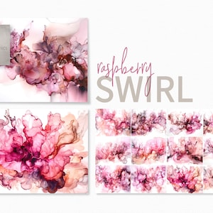 Puede incluir: Un conjunto de 12 fondos de papel digital con remolinos abstractos de acuarela rosa, morado y marrón. Los papeles son de 5000 x 5000 píxeles y 300 ppp. El texto "raspberry SWIRL" está en la imagen.