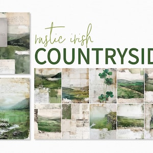Campagna irlandese rustica - Paesaggi irlandesi su carta strappata e viste di campi verdi - Strati invecchiati con texture di scrittura e colline irlandesi dipinte