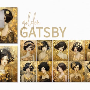 Golden Gatsby - Ritratti Art Déco - Stile Vintage Glamour - Eleganti Illustrazioni di Moda - Nero e Oro - Ritratti Flapper Anni '20