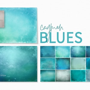 Könnte beinhalten: Digitale Kunst mit verschiedenen Blautönen, von Türkis bis Türkis, mit einem strukturierten, verwitterten Effekt. Das Bild enthält den Text "Cayman Blues" und eine Sammlung quadratischer Hintergründe.