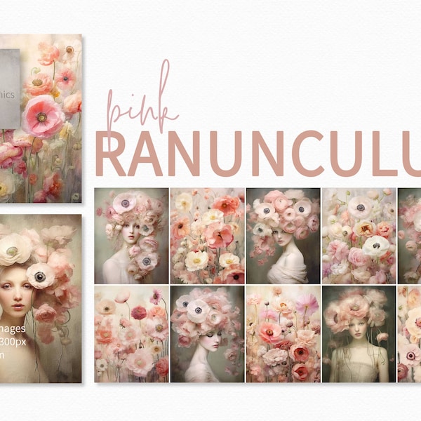 Pink Ranunculus Paintings - Junk Journal Women with Floral Headdress - Blush Ranunculus Paintings - Ranunculus Girls Printable Art