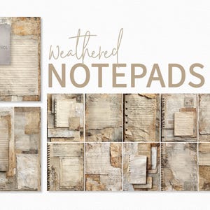 May include: A collection of weathered notepads with a vintage aesthetic. The notepads feature aged paper, torn edges, and spiral binding. The color palette includes beige, brown, and off-white tones, creating a rustic and antique feel. The image includes the text "Weathered NOTEPADS".