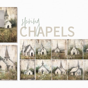 Frühlings-Kapellenmalereien - Frühlings-Kirchenmalereien - Verwittertes Kapellen-Journalpapier - Kirchen-Hintergrundpapier - Kapellen-Collage