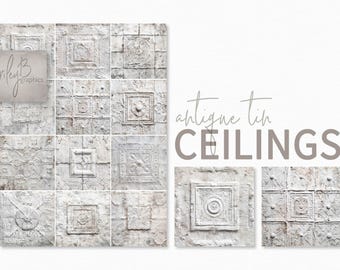 Antique Tin Ceiling Paintings - Tin Tile Backgrounds - Weathered Paint Textures - Distressed Embossed Design - Pressed Ceiling Tile Painting