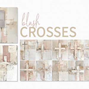 Blush Kreuze - Geschichtete Mixed Media Faith Art - Neutrale christliche Texturen - Sanfte Pastell Beige und Rosa Collage Hintergründe