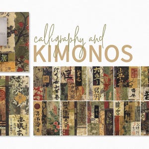 Kalligraphie und Kimonos - Vintage Japanische Collage - Gealterte Kimono-Stoffe - Wabi Sabi Texturen - Handgeschriebene Skript-Schichten