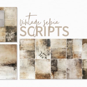 Escritura sepia vintage: texto manuscrito desgastado y texturas de papel envejecido con detalles botánicos descoloridos y sutiles tonos neutros.