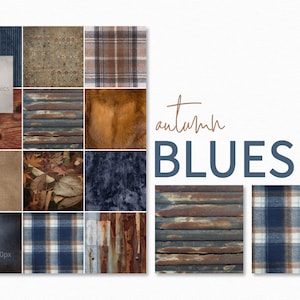Puede incluir: Un collage de 12 texturas de papel digital en azul, marrón y blanco. Las texturas incluyen cuadros, madera y arpillera. El texto "autumn BLUES" está en la parte superior de la imagen.