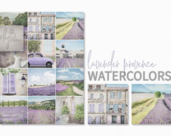 Lavender Provence Watercolors – Soft French Countryside Scenes – Pastel Lavender Fields Blue Shutters - Rustic French Village Views