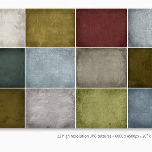 May include: Twelve high-resolution digital textures in various colors, including gray, blue, green, and brown. Each texture has a distressed, vintage look with subtle variations in color and texture.
