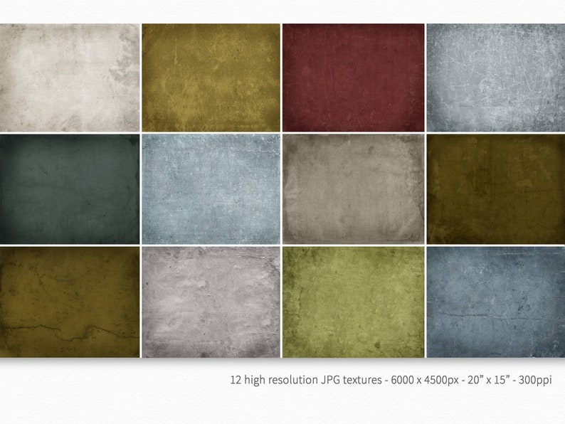 May include: Twelve high-resolution digital textures in various colors, including gray, blue, green, and brown. Each texture has a distressed, vintage look with subtle variations in color and texture.
