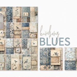 Birdsong Blues - Texturas de fundo estilo vintage em azul e bege - Colagem de papel envelhecido com ilustrações de pássaros - Colagens antigas com pássaros
