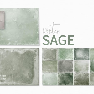 May include: Twelve digital paper textures in a sage green color with a distressed, vintage look. The textures are 300 dpi and 5000 x 3750 pixels. The text "Winter Sage" is displayed above the textures.