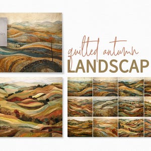 Quilted Autumn Landscapes – Patchwork Fall Hills Art – Cozy Textile Countryside – Harvest Season Quilt Illustration – Warm Earth Tone Hills