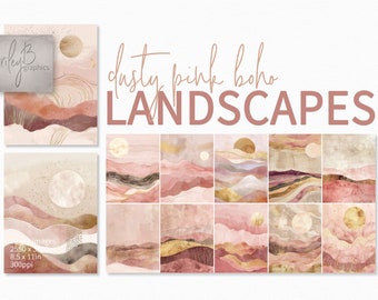 Dusty Pink Boho Landscape – Abstrakcyjny pustynny horyzont – Delikatne różowe i złote góry – Minimalistyczne niebiańskie niebo – Nowoczesne wydruki artystyczne Boho
