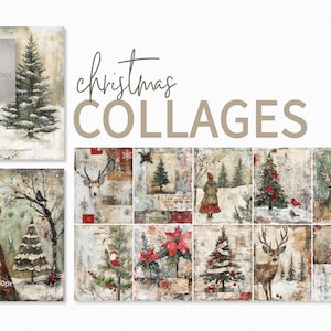 Collages navideños, escenas navideñas con técnica mixta, collages de temporada, arte navideño acogedor, decoración de pared navideña, arte navideño vintage