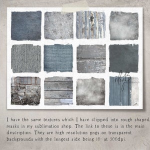 Op de afbeelding: Een set van negen digitale papiertexturen in verschillende tinten blauw en grijs. De texturen omvatten denim, hout en metaal. De texturen zijn gerangschikt in een rasterpatroon en hebben een verweerde, vintage uitstraling.