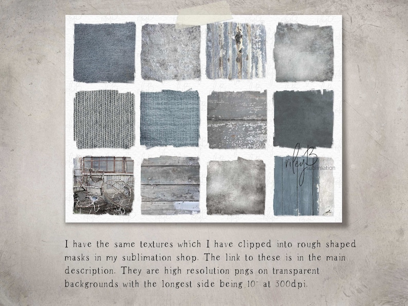 Op de afbeelding: Een set van negen digitale papiertexturen in verschillende tinten blauw en grijs. De texturen omvatten denim, hout en metaal. De texturen zijn gerangschikt in een rasterpatroon en hebben een verweerde, vintage uitstraling.