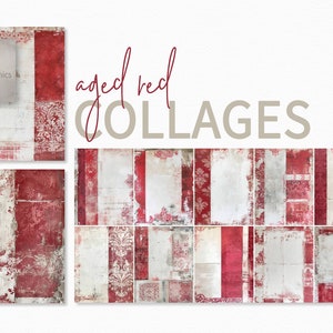 Collages en rojo envejecido - Collages de diarios basura en rojo y blanco - Collages con textura en rojo y blanco - Collages rojos de técnica mixta