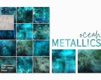 Ocean Metallic Textures - Dark Blue Shiny Backgrounds - Sea Green Foil Textures - Foil Digital Paper - Ocean Colored Foil Textures