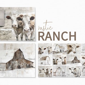 Ranch rustico - Mucche da fattoria e fienili invecchiati - Stile rustico neutro - Set stampabile con scene pastorali d'epoca