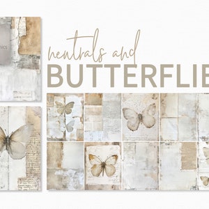 Neutros e borboletas - Texturas de papel vintage - Fundos de colagem de borboletas envelhecidas - Visual de itens efêmeros antigos - Estilo botânico rústico