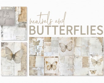 May include: Digital art print featuring a collection of neutral-toned butterfly illustrations on textured paper backgrounds. The artwork includes the text "neutrals and BUTTERFLIES" and "riley B graphics". The image dimensions are 8.5 x 11 inches.