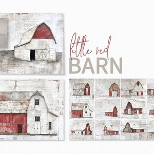 Little Red Barn – Rustic Farmhouse Barn Art – Vintage Winter Barn Illustration – Country Farm Wall Decor – Distressed Red Barn Print Set