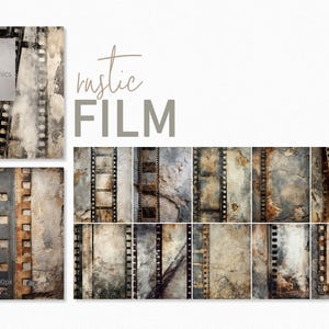 May include: Digital art featuring a collection of rustic film strips and textures. The image includes the text "rustic FILM" and a logo. The color palette consists of muted tones of brown, gray, and beige, creating a vintage aesthetic.