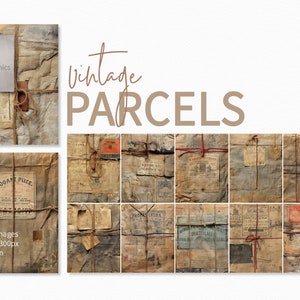 Paquetes antiguos - Texturas de papel envejecido con detalles de cuerda y etiqueta - Embalaje desgastado - Envoltorio antiguo - Paquetes con aspecto desgastado