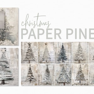 Pini di carta natalizi – Alberi vintage a strati con sfondi di spartiti neutri – Opera d'arte rustica per le feste in stile soft texture