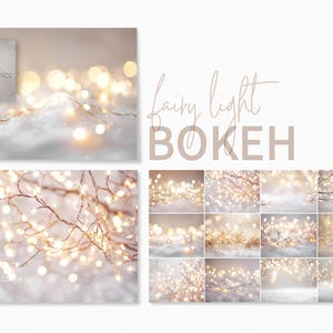 May include: A selection of digital images featuring fairy lights and bokeh effects. The images display warm, glowing lights against a soft, blurred background. The text "fairy light BOKEH" is shown in a delicate font. Suitable for digital art and design projects.