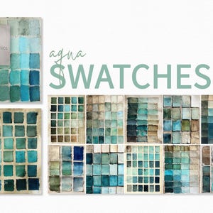 May include: A collection of aqua-themed colour swatches in shades of blue, green, and teal. The image features multiple square and rectangular palettes with varying tones. The word "SWATCHES" is written in teal, with "aqua" above it.