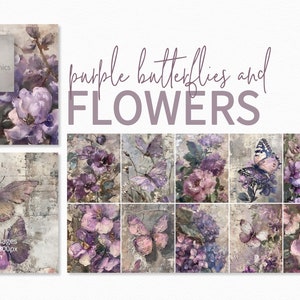 Purple Butterflies and Flowers – Soft Vintage Floral Art Paintings – Romantic Violet Botanical Prints – Textured Pastel Garden Designs