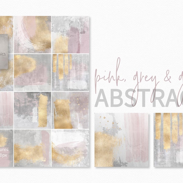 Pink, Grey and Gold Abstract Backgrounds - Gold Brush Strokes - Mauve Grey Backgrounds with Gold - Gold Splatters - Invitation Backgrounds