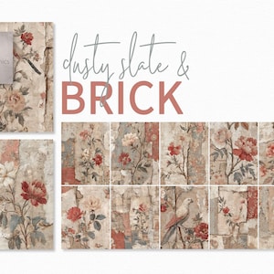 Dusty Schiefer und Ziegel - Vintage Florale Wand Texturen - Gealterte botanische Fragmente - Distressed Peeling Tapetenmuster - Verblasstes Dekor