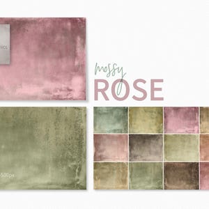 Rosa musgosa, texturas botánicas descoloridas, tonos tierra apagados, lavados de color desgastados y sutiles fondos de superficie vintage.