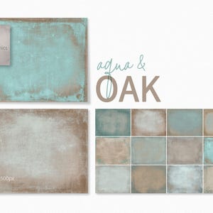 Puede incluir: Arte digital con fondos de color aguamarina y roble, con texturas envejecidas. La imagen incluye el texto "aqua & OAK" y "riley b graphics". Se muestran varios fondos cuadrados, junto con detalles de resolución.