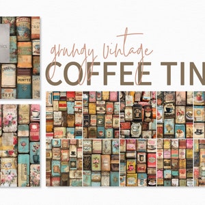 Grungy Vintage Coffee Tins – Retro Coffee Canister Art – Distressed Tin Wall Decor – Antique Coffee Tin Collage – Rustic Café Artwork Set