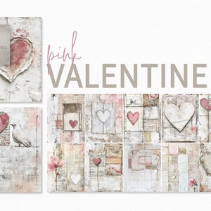 Peintures roses pour la Saint-Valentin - collages de journaux indésirables pour la Saint-Valentin - peintures de collage de texture coeur rose - collages de coeurs techniques mixtes