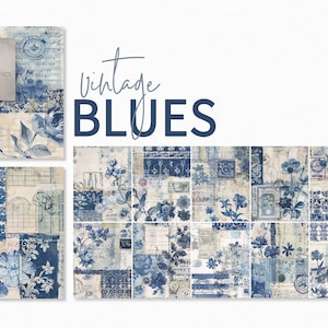Vintage blauw – Franse poststempellagen – Indigobotanische printfragmenten – Verouderde bloementransfers – Antiekblauwe ephemera-texturen