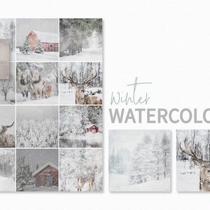 May include: A digital collage of watercolor paintings featuring winter scenes. The images include a red barn, a snowy forest, a deer, a cow, and a small cabin. The text "winter WATERCOLORS" is displayed at the top of the collage.